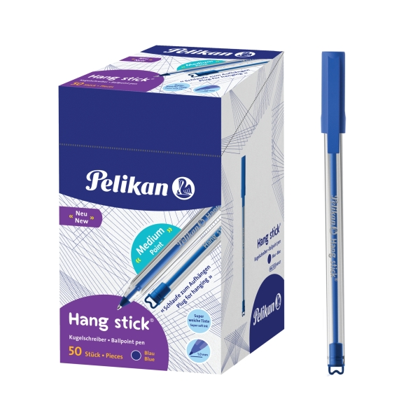 Pelikan Hang Stick Boligrafo de Bola - Trazo de 1mm - Capuchon Antiasfixia - Cuerpo Triangular Ergonomico - Gancho - Tinta a Base de Aceite - Color Azul · Pack de 50 uds.