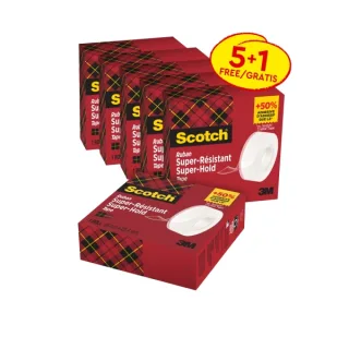 Scotch Super-Hold Pack de 6 Cintas Adhesivas - Extrafuerte - 19mm x 25.4m - Promocion 5 + 1 Gratis - Color Transparente