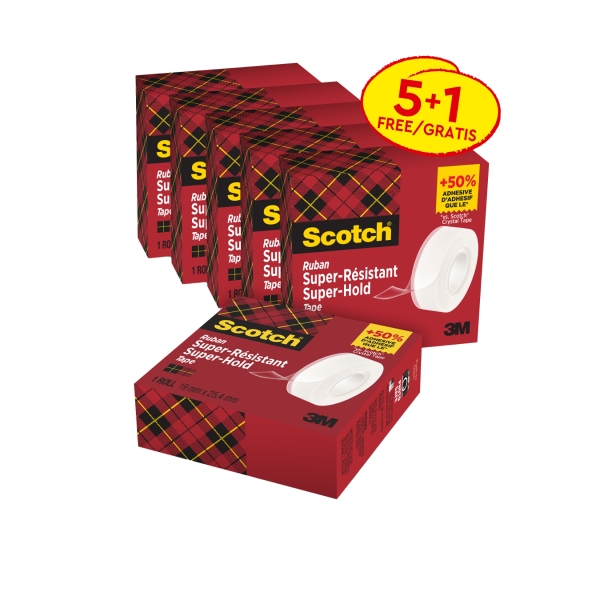 Scotch Super-Hold Pack de 6 Cintas Adhesivas - Extrafuerte - 19mm x 25.4m - Promocion 5 + 1 Gratis - Color Transparente