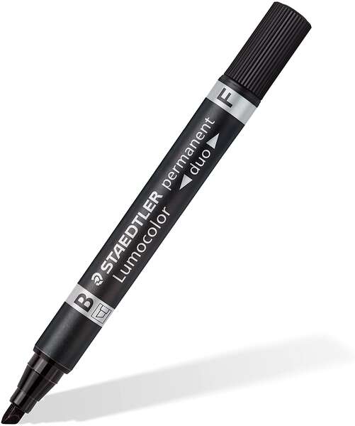 Staedtler Lumocolor 348 Rotulador Permanente de Doble Punta F de 0,6mm y M Biselada de 1,5-4mm - Secado Rapido - Color Negro · Pack de 10 uds.