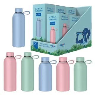 Dohe Expositor de 6 Botellas Reutilizables 3x 500ml y 3x 350ml - Acero Inoxidable de Doble Pared - Libre de BPA - Tapon Hermetico Antigoteo de Acero Inoxidable - Recubierta de Caucho - Color
