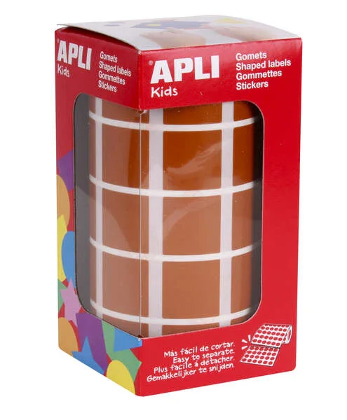 Apli Rollo con 1.770 Gomets Cuadrados 20x20mm - 59 Hojas Pretroqueladas - Ideal para Actividades Infantiles - Normas EN-71 y FSC - Adhesivo Base Agua - Color Marron