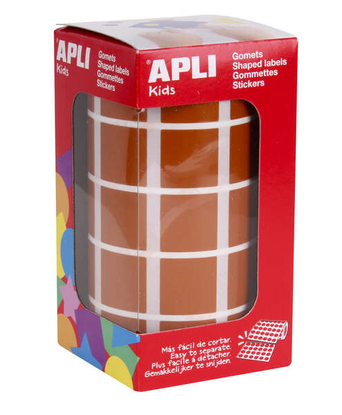 Apli Rollo con 1.770 Gomets Cuadrados 20x20mm - 59 Hojas Pretroqueladas - Ideal para Actividades Infantiles - Normas EN-71 y FSC - Adhesivo Base Agua - Color Marron