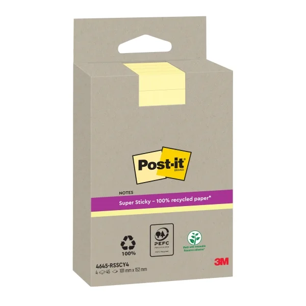 Post-It Super Sticky Pack de 4 Blocs de 45 Notas Adhesivas Recicladas - Forma Rectangular - 102x152mm - Color Amarillo Claro