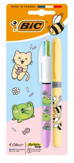 Bic 4 Colours Decors Kawaii Pack con 1 Boligrafo de Bola Retractil Pastel + 1 Marcador Highlighter Grip Pastel de Color Aleatorio - Punta Media de 1.0mm - Tinta con Base de Aceite - Cuerpo D