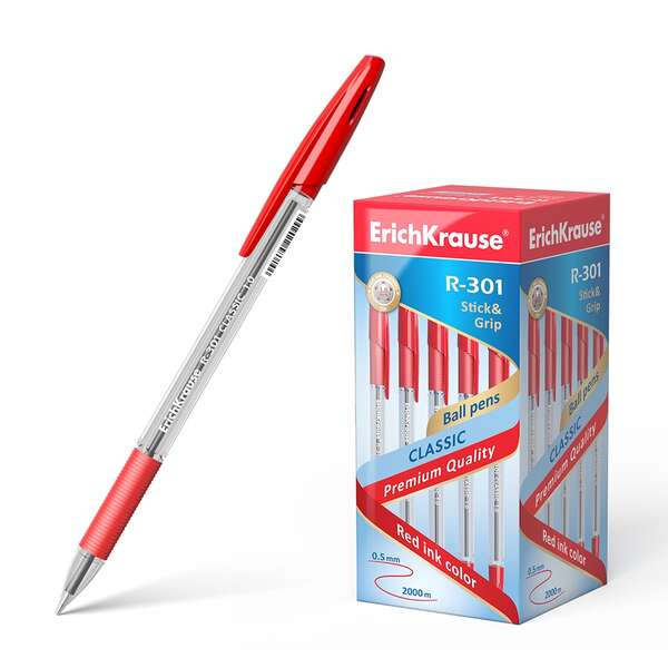 Erichkrause R-301 Stick&Grip Boligrafo de Bola Punta 1.0mm - Trazo 0.5mm - Agarre con Grip de Goma - Tinta de Secado Rapido - Cuerpo Transparente - Capuchon Ventilado - Color Rojo · Pack de 50 uds.
