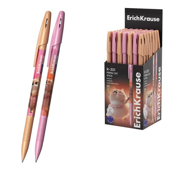 ErichKrause R-301 Stick Prima Cat Boligrafo con Capuchon - Modelos Surtidos - Trazo 0.35mm - Tinta de Secado Rapido - Tapa Ventilada - Color Azul · Pack de 50 uds.