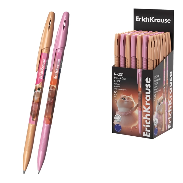 ErichKrause R-301 Stick Prima Cat Boligrafo con Capuchon - Modelos Surtidos - Trazo 0.35mm - Tinta de Secado Rapido - Tapa Ventilada - Color Azul · Pack de 50 uds.