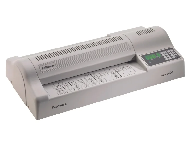 Fellowes Proteus Plastificadora A3 - Uso en Caliente y Frio - 6 Rodillos - Temperatura y Velocidad Regulable - Fundas hasta 250 micras - Grosor hasta 2mm - 31.5x55.4x12.5cm - Color Gris