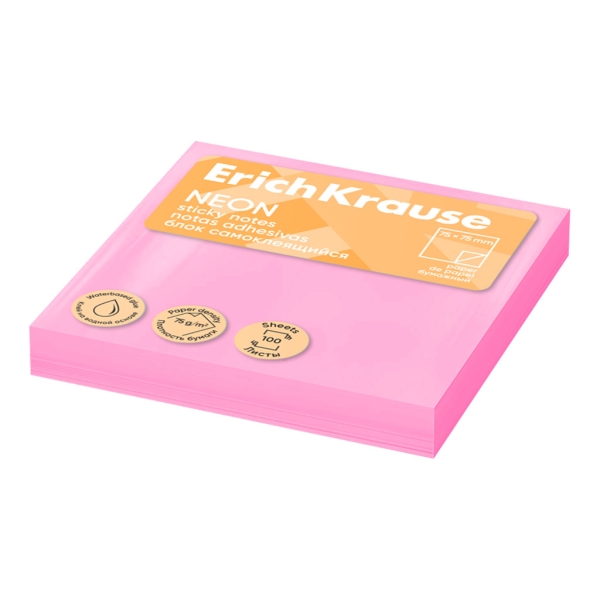 ErichKrause Neon Bloc de 100 Notas Adhesivas Reposicionables - Papel de 75g/m2 - 75x75mm - Pegamento a Base de Agua - Color Rosa · Pack de 12 uds.