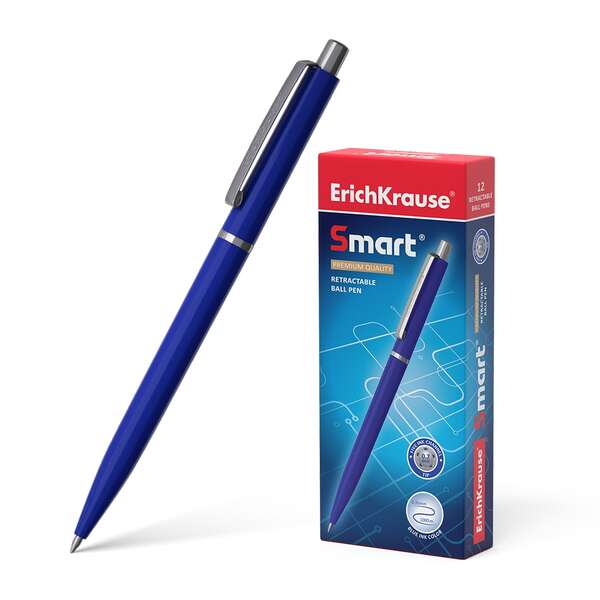 Erichkrause Boligrafo Automatico Smart - Recargable con Clip Metalico - Punta de 07mm - Tinta de Secado Rapido - Cuerpo Opaco y Satinado - Color Azul · Pack de 12 uds.