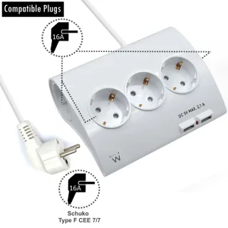 EWENT EW3935 Regleta 5 Schuko + 2 usb 2.1A