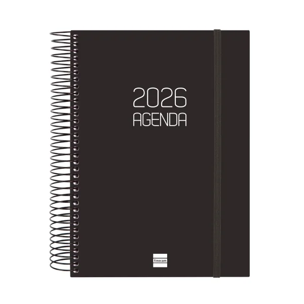 Finocam Opaque Agenda de Espiral en Catalan - Anual 2026 - Tapa Ligera - Cierre con Goma Elastica - Formato E10 - 175x29x212mm - 1 Dia por Pagina - Color Negro