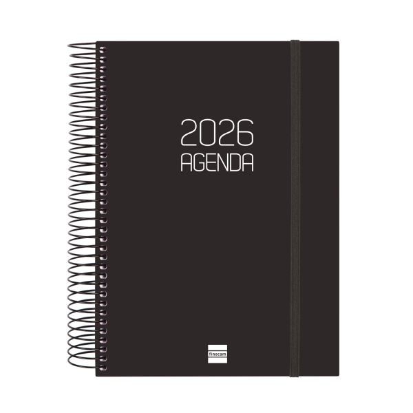 Finocam Opaque Agenda de Espiral en Catalan - Anual 2026 - Tapa Ligera - Cierre con Goma Elastica - Formato E10 - 175x29x212mm - 1 Dia por Pagina - Color Negro