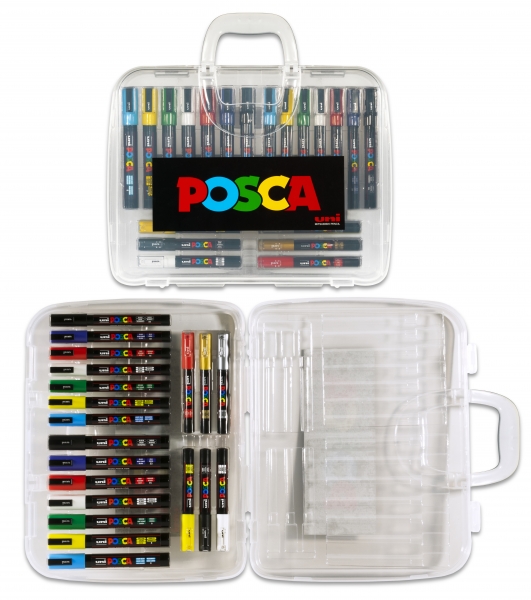 Posca Maleta de Plastico con 20 Marcadores de Pintura - Punta de Poliester - Tinta Pigmentada Base Agua - No Permanente - Resistente a la Luz - Colores y Grosores Surtidos