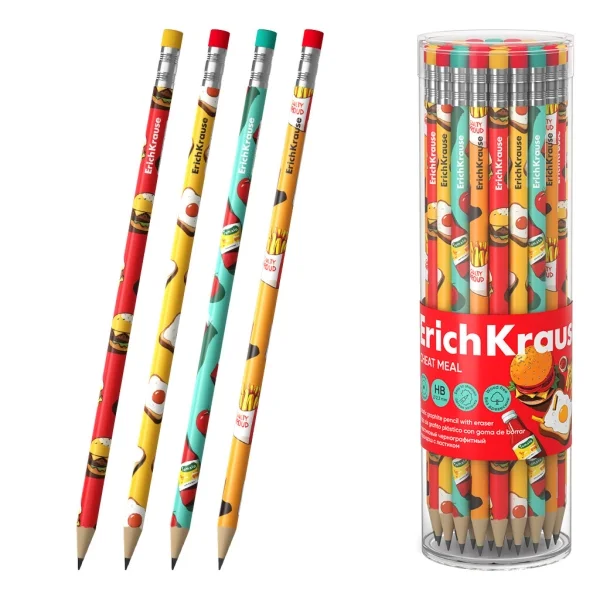 ErichKrause Cheat Meal Lapiz de Grafito con Goma de Borrar - Mina HB - Cuerpo Redondo - Plastico - Agarre Ergonomico - Colores Surtidos · Pack de 42 uds.