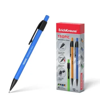ErichKrause Tropic Portaminas - Boquilla Retractil y Revestimiento Soft Touch - Colores Mate Brillantes - con Borrador y Capuchon - Clip Comodo - Dureza HB - Minas de 0.5mm - Color Negro · P