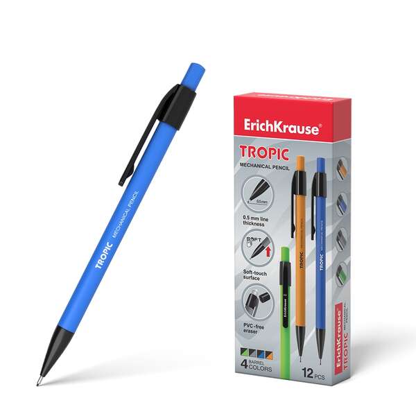 ErichKrause Tropic Portaminas - Boquilla Retractil y Revestimiento Soft Touch - Colores Mate Brillantes - con Borrador y Capuchon - Clip Comodo - Dureza HB - Minas de 0.5mm - Color Negro · P