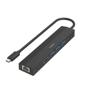 Hama Entry Hub USB 3.2 - Potencia Maxima 100W - Cable USB-C Integrado de 15cm - LAN Ethernet 1Gbps - HDMI 4K - 3x USB-A - USB-C - Power Delivery - Color Negro