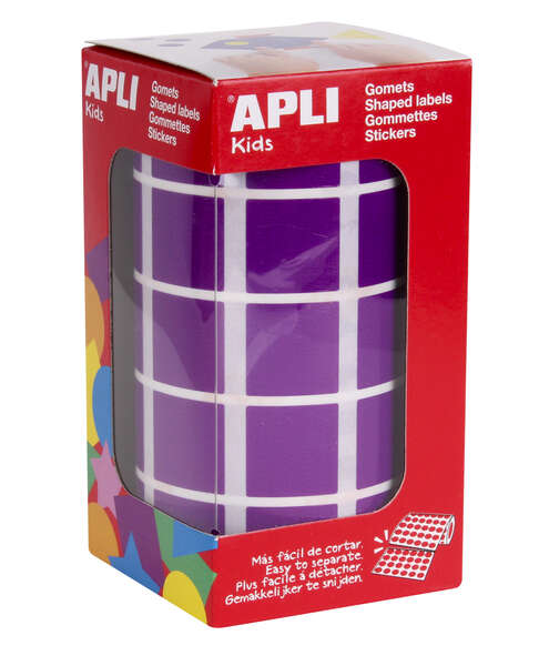 Apli Gomets Cuadrados Lila - 20 x 20mm - 59 Hojas Pretroqueladas - 1770 Gomets por Rollo - Ideal para Escuelas y Talleres Infantiles - Normas EN-71 y FSC - Adhesivo Base Agua - Materiales 10