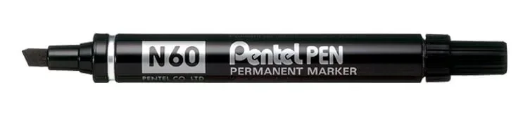 Pentel Pen N60 Rotulador Permanente - Punta Biselada Resistente y Duradera - Resistente a Agua y Luz - Color Negro · Pack de 12 uds.