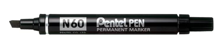 Pentel Pen N60 Rotulador Permanente - Punta Biselada Resistente y Duradera - Resistente a Agua y Luz - Color Negro · Pack de 12 uds.