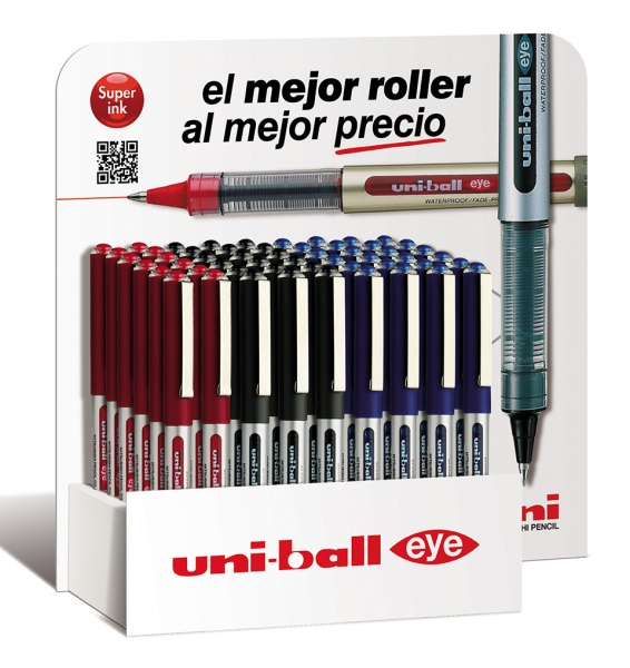 Uni-ball Eye Micro UB-150 Expositor de 54 Boligrafos de Tinta Liquida - Punta de Bola 0.5mm - Tinta Resistente al Agua y Luz - Sistema de Control de Tinta - Ventana de Nivel de Tinta - Color Surtido · Pack de 54 uds.