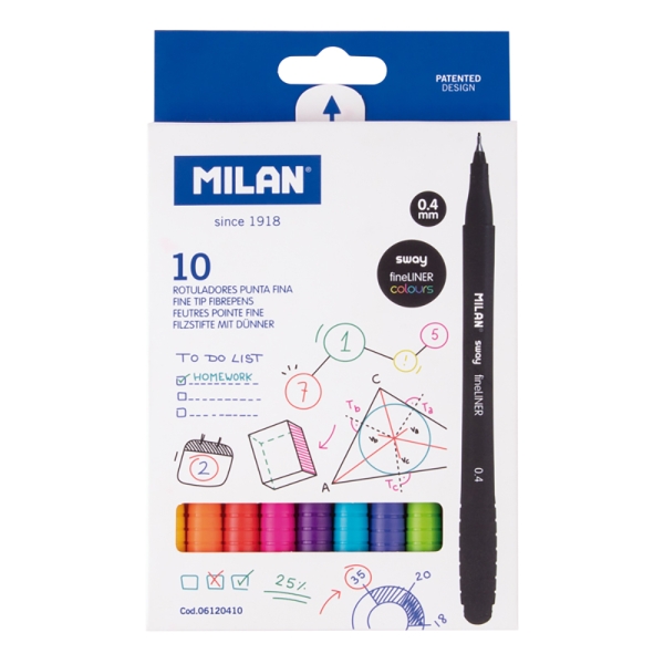 Milan Sway Fineliner Pack de 10 Rotuladores - Tinta al Agua - Punta Fina 0.4mm - Colores Surtidos
