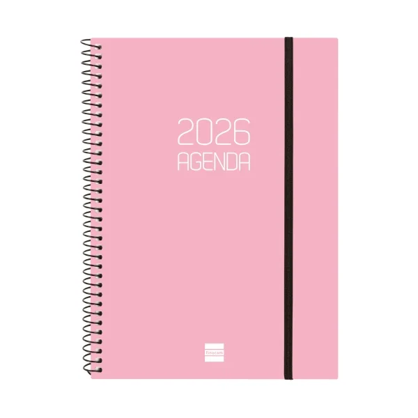 Finocam Opaque Agenda de Espiral - Anual 2026 - Tapa Ligera - Cierre con Goma Elastica - Formato E10 - 162x14x212mm - Semana Vista Horizontal - Color Rosa
