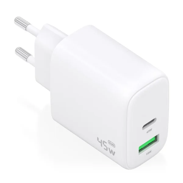 Aisens Cargador GAN 45W - 1xUSB-C PD3.0 QC4.0 y 1xUSB-A QC3.0 - Color Blanco