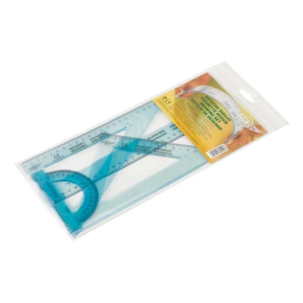 Faibo Pack de Reglas Escolares Irrompibles - Incluye Regla de 30cm, Escuadra de 25cm, Cartabon de 25cm y Semicirculo de 10cm - Presentacion en Bolsa Transparente - Color Azul Transparente