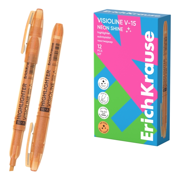 ErichKrause Visioline V-15 Neon Shine Marcador Fluorescente - Punta Biselada - Trazo de 0.6 a 3.5mm - Color Naranja · Pack de 12 uds.