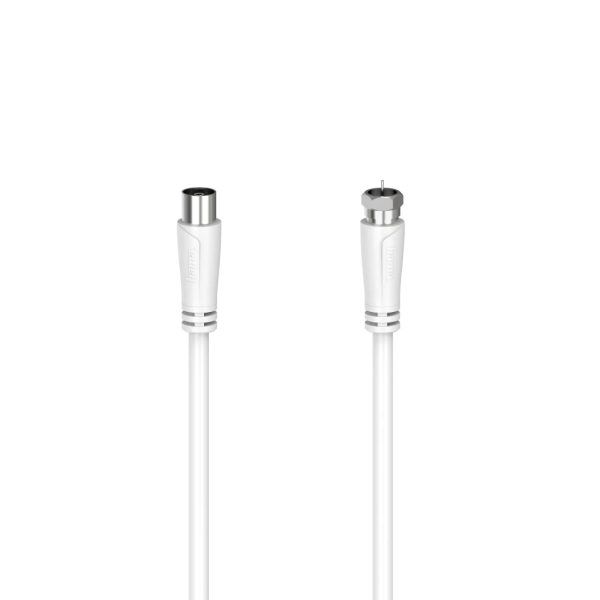 Hama Essential Cable Coaxial de Antena - Longitud 1.5m - Coaxial Hembra - Conector F Macho - Doble Blindaje - Apantallamiento 90dB - Impedancia 75Ohm - Color Blanco
