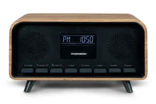 Thomson RT850BT Altavoz Retro Bluetooh - Radio Reloj Despertador - Potencia musical 30W - Color Madera/Negro