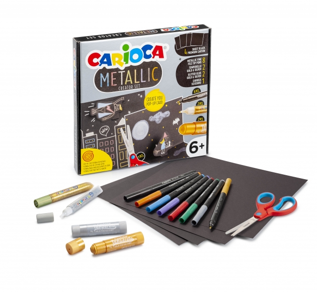 Carioca Metallic Pop Up Creator Juego para Realizar Super Cartulinas 3D - 8 Rotuladores Metalicos Punta Fina - 2 Temperello Oro y Plata - 2 Glitter Glue Oro y Plata - 1 Tijeras - 4 Cartulina