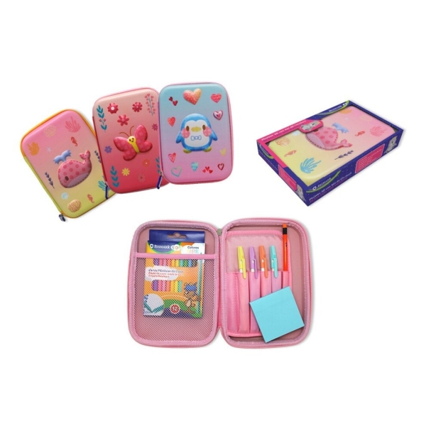 Bismark Animals Plumier 3D Goma Eva de 1 Compartimento - Incluye 12 Ceras de Colores Pastel, 4 Boligrafos Pastel, 1 Lapicero con Goma y 1 Taco de Notas 76x76 mm - 3 Diseños Diferentes · Pack de 6 uds.
