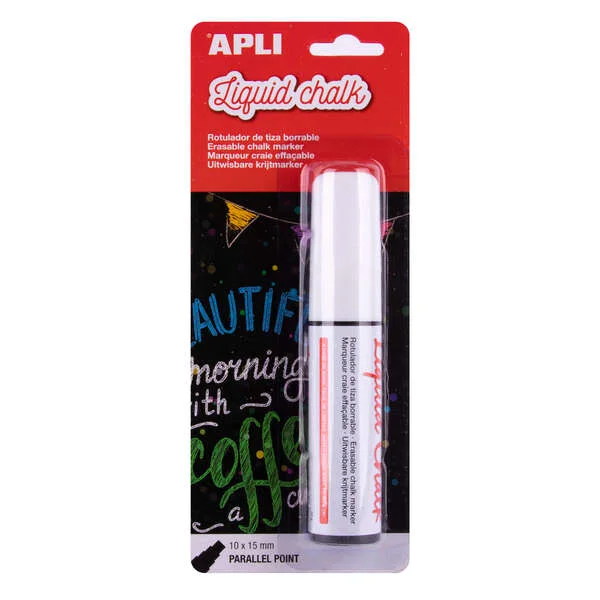 Apli Rotulador de Tiza Liquida Paralelo 10x15mm Blanco - Facil de Borrar con Paño Humedo - Secado Rapido y Uso Sencillo