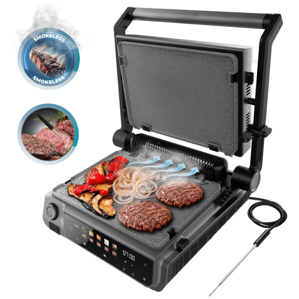 Cecotec Rock'nGrill 2000 Smash PerfectCook Parrilla Electrica - 2000W - Sonda de Temperatura Inteligente - Placas Extraibles y Reversibles - Control Tactil y LED - Antiadherente - Color Negr