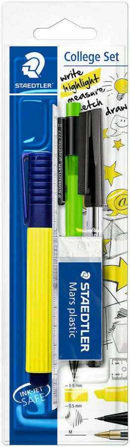 Staedtler Pack Escolar Compuesto por 1 Marcador Amarillo + 1 Goma de Borrar + 1 Boligrafo Negro + 1 Portaminas de 0.5mm + 1 Regla