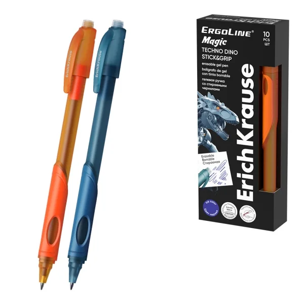 ErichKrause ErgoLine Magic Stick and Grip Techno Dino Boligrafo Borrable - Modelos Surtidos - Trazo 0.4mm - Tinta de Gel - Resistente al Agua - Zona de Agarre de Goma - Color Azul · Pack de 10 uds.