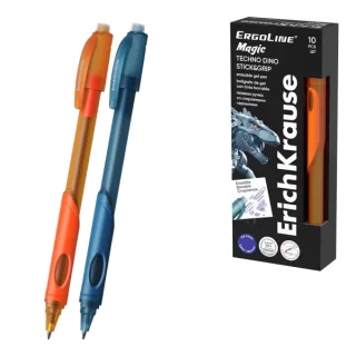 ErichKrause ErgoLine Magic Stick and Grip Techno Dino Boligrafo Borrable - Modelos Surtidos - Trazo 0.4mm - Tinta de Gel - Resistente al Agua - Zona de Agarre de Goma - Color Azul · Pack de