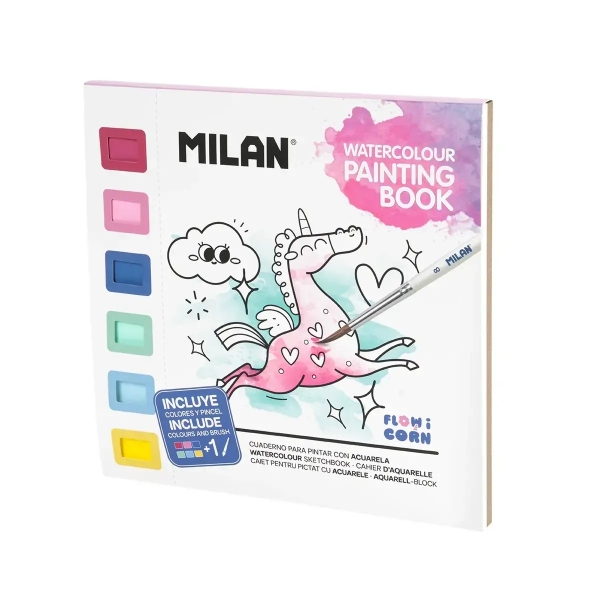 Milan Flowicorn Cuaderno para Colorear con Acuarelas y Pincel - Tematica Unicornios, Flores y Corazones - 16 Paginas con Dibujos -