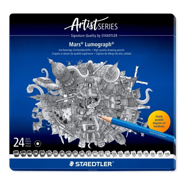 Staedtler Mars Lumograph 100 Caja Metalica con 24 Lapices de Grafito de Graduaciones Surtidas - Alta Resistencia a la Rotura - Madera de Bosques Certificados