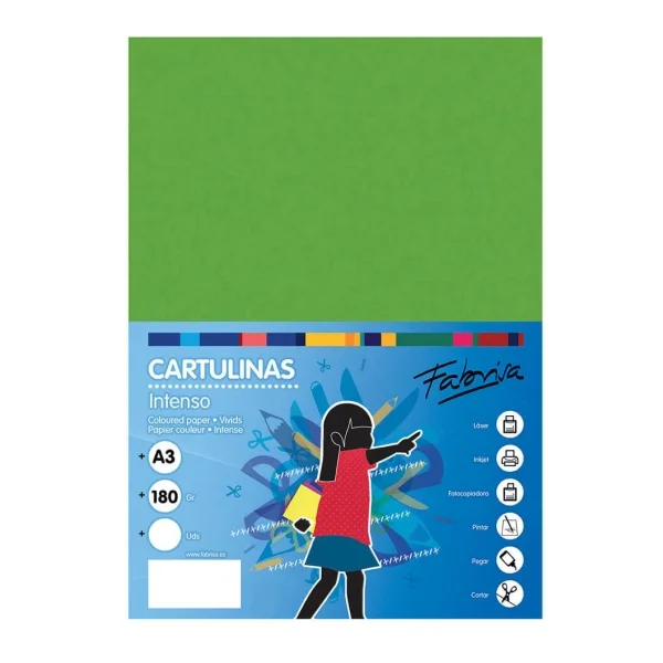Fabrisa Pack de 25 Cartulinas 180 g/m² - Tamaño A3 - Color Verde Fuerte