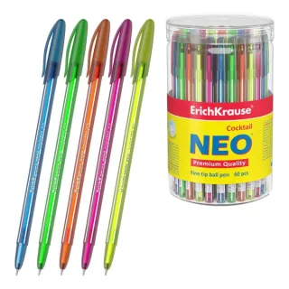 ErichKrause Neo Stick Cocktail Boligrafo con Capuchon - Modelos Surtidos - Trazo 0.26mm - Tinta de Baja Viscosidad - Color Azul · Pack de 60 uds.