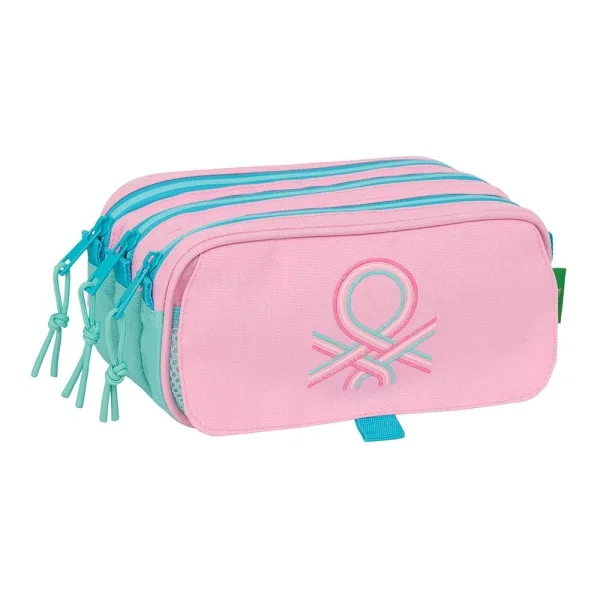 Safta Benetton Dolce Portatodo - 3 Compartimentos con Cremalleras - Bolsillo Frontal - Cinta Adaptable - 1.72L - 215x80x100mm - Color Rosa Pastel