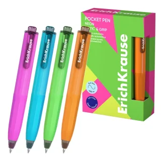 ErichKrause Pocket Pen Matic and Grip Neon Boligrafo Retractil - Modelos de Cuerpo Surtidos - Trazo 0.4mm - Zona de Agarre de Goma - Color Azul · Pack de 12 uds.