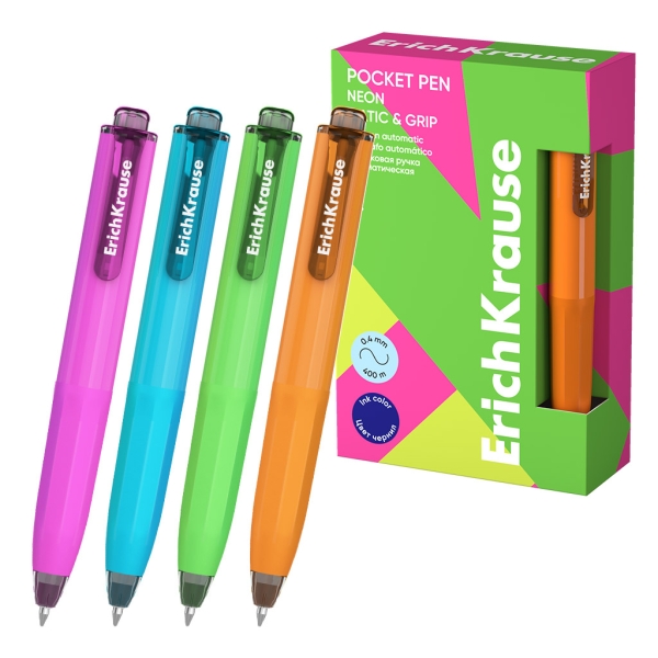 ErichKrause Pocket Pen Matic and Grip Neon Boligrafo Retractil - Modelos de Cuerpo Surtidos - Trazo 0.4mm - Zona de Agarre de Goma - Color Azul · Pack de 12 uds.
