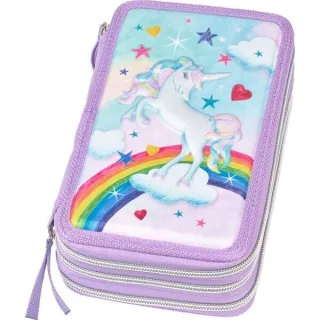 Faber-Castell Diseño Unicornio Estuche de 3 Pisos con Contenido de Serie: Goma de Borrar, 1 Sacapuntas, 1 Lapiz de Grafito HB, 2 Boligrafos (Azul y Rojo), 1 Regla de 15cm, 18 Lapices de Colo