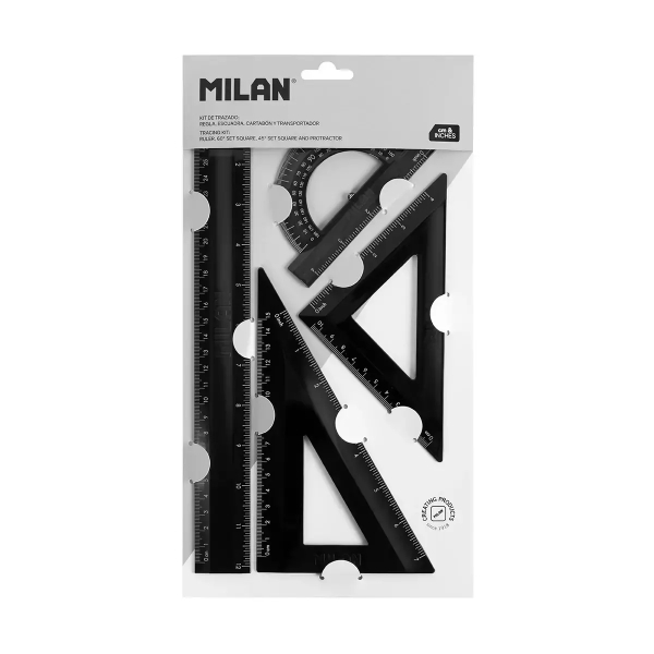 Milan Shadow Pack de 4 Reglas - Regla 30cm, Escuadra, Cartabon y Transportador de Angulos - Plastico Rigido - Opaca - Centimetros y Pulgadas - Color Negro